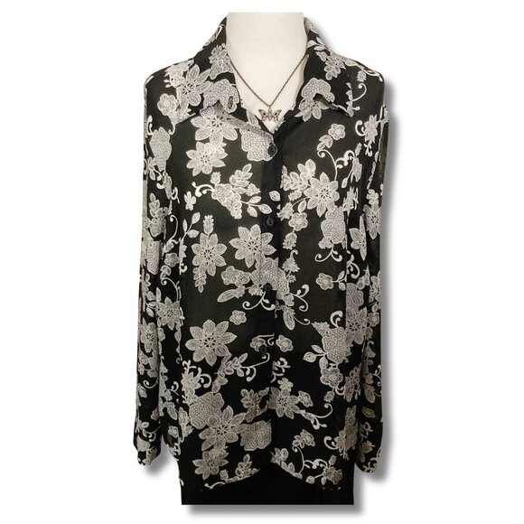 VANITY FAIR Plus-size creamy white black floral print shirt ~ LARGE XL 1X blouse - Picture 1 of 14